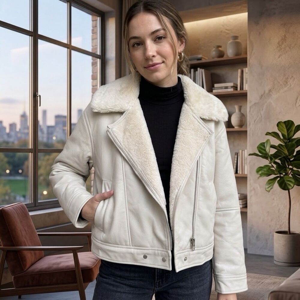 NWT Abercrombie & Fitch Vegan Leather Sherpa Aviator Jacket Cream Large L $200